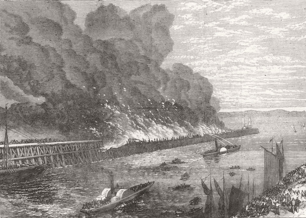 SCOTLAND. Leith Pier on fire 1871 old antique vintage print picture